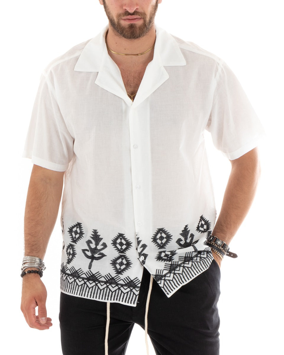 Camicia Manica Corta Uomo Con Colletto Bordi Ricamati Bianco Regular GIOSAL-CC1185A