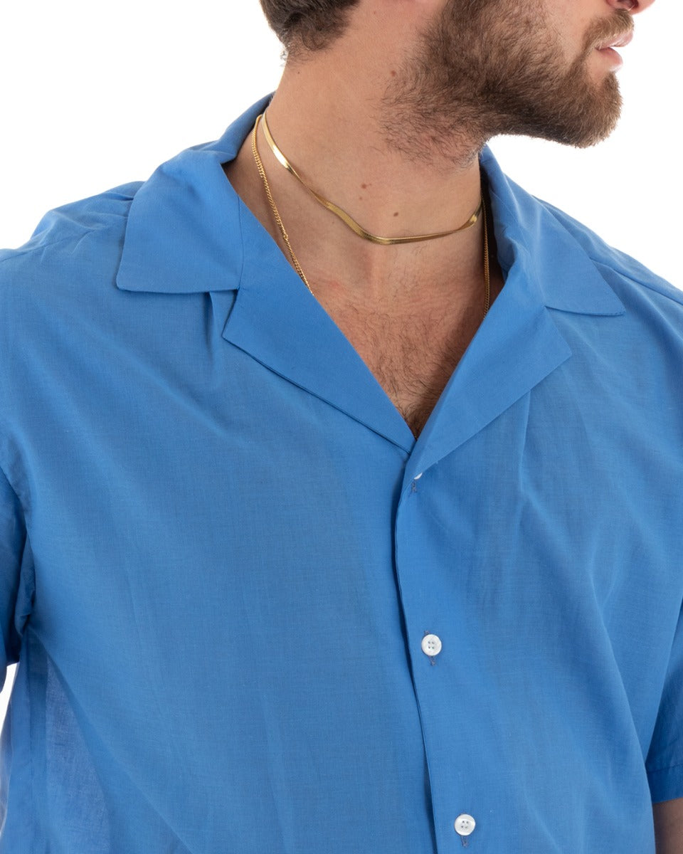 Camicia Manica Corta Uomo Con Colletto Bordi Ricamati Blu Royal Regular GIOSAL-CC1186A
