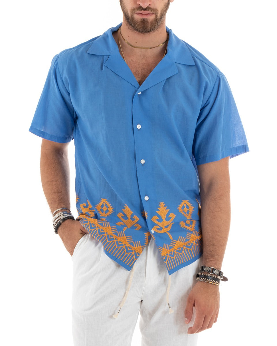 Camicia Manica Corta Uomo Con Colletto Bordi Ricamati Blu Royal Regular GIOSAL-CC1186A