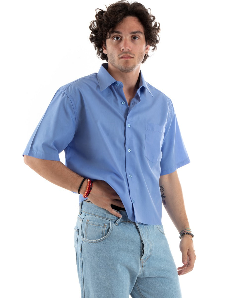 Camicia Manica Corta Uomo Cropped Tinta Unita Celeste Boxy Fit Casual GIOSAL-CC1192A