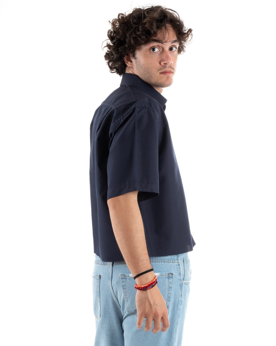 Camicia Uomo Manica Corta Cropped Tinta Unita Blu Boxy Fit Casual GIOSAL-CC1194A