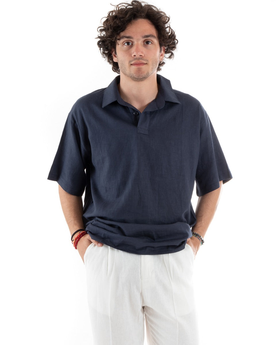 Camicia Uomo Colletto Maniche Corte Tinta Unita Lino Casual Basic Blu GIOSAL-CC1196A