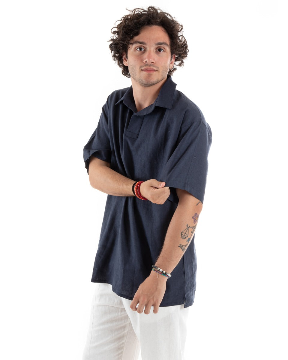Camicia Uomo Colletto Maniche Corte Tinta Unita Lino Casual Basic Blu GIOSAL-CC1196A