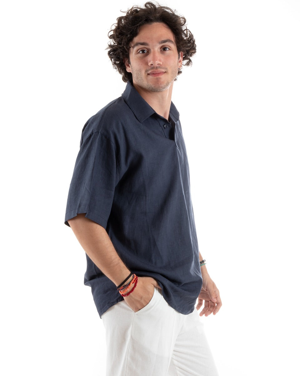 Camicia Uomo Colletto Maniche Corte Tinta Unita Lino Casual Basic Blu GIOSAL-CC1196A