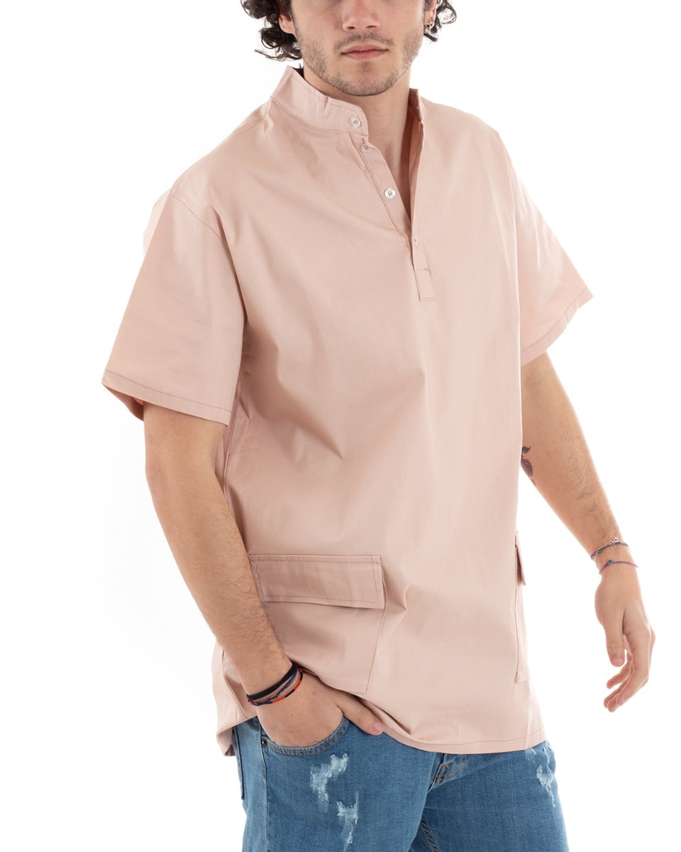 Camicia Uomo Manica Corta Collo Coreano Serafino Rosa Tasche GIOSAL-CC1174A