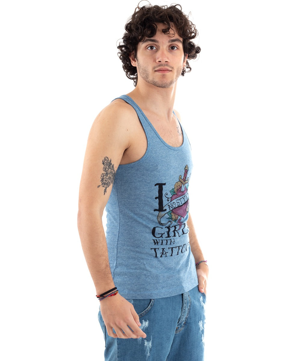 Canotta Uomo T-shirt Canottiera Giromanica Stampa Celeste GIOSAL-CN1058A