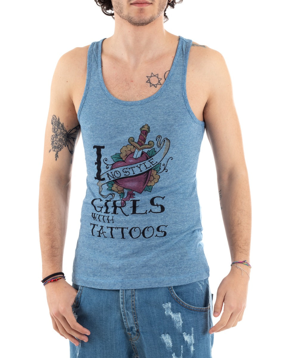 Canotta Uomo T-shirt Canottiera Giromanica Stampa Celeste GIOSAL-CN1058A