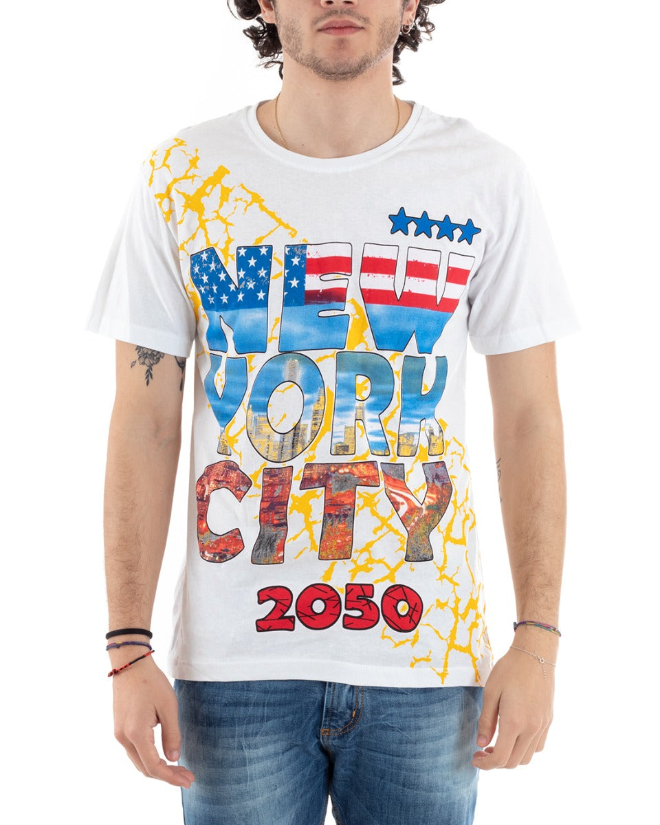 T-Shirt Uomo Mezza Manica Stampa New York Girocollo Bianca Slim GIOSAL-TS2807A