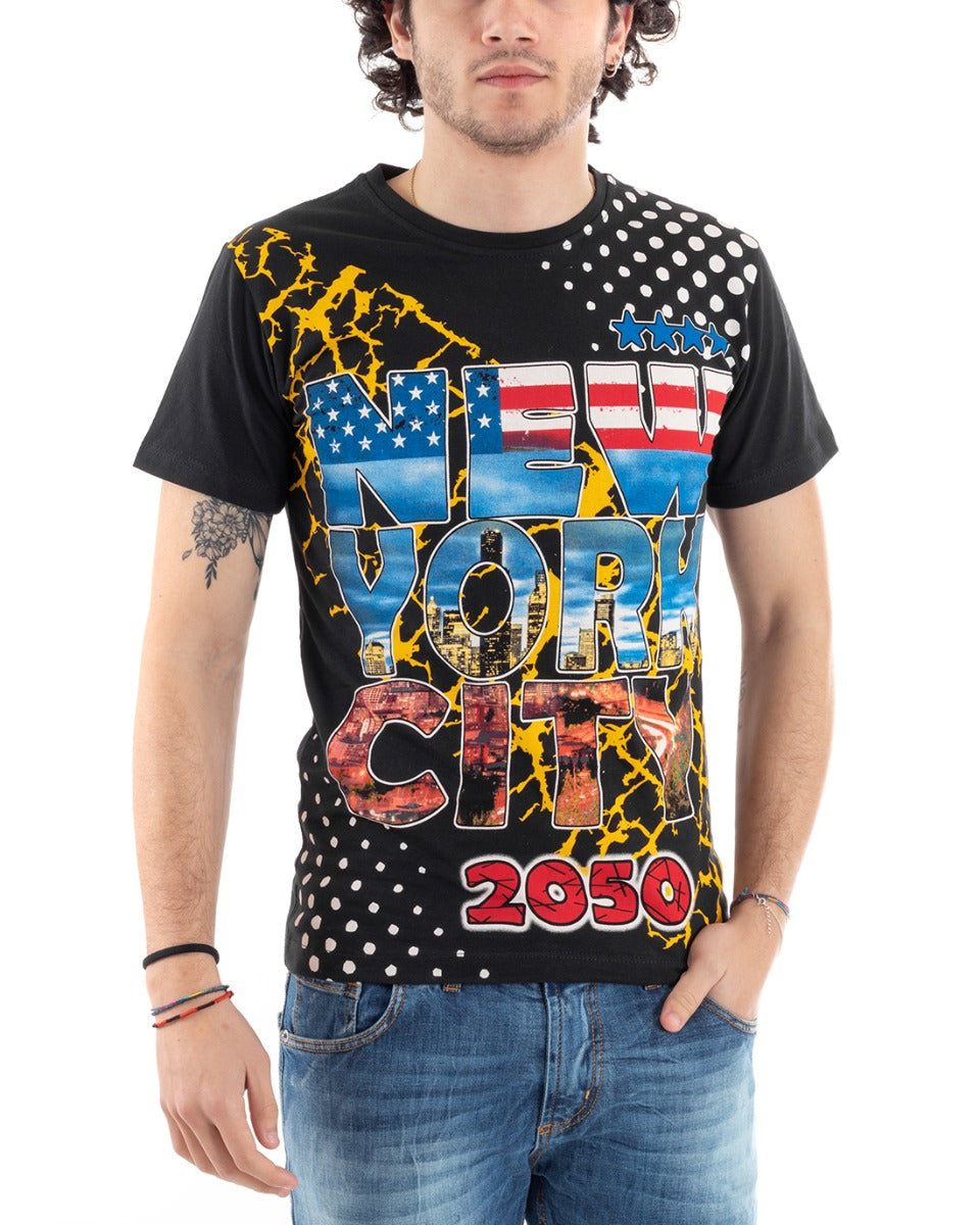 T-Shirt Uomo Mezza Manica Stampa New York Girocollo Nera Slim GIOSAL-TS2808A
