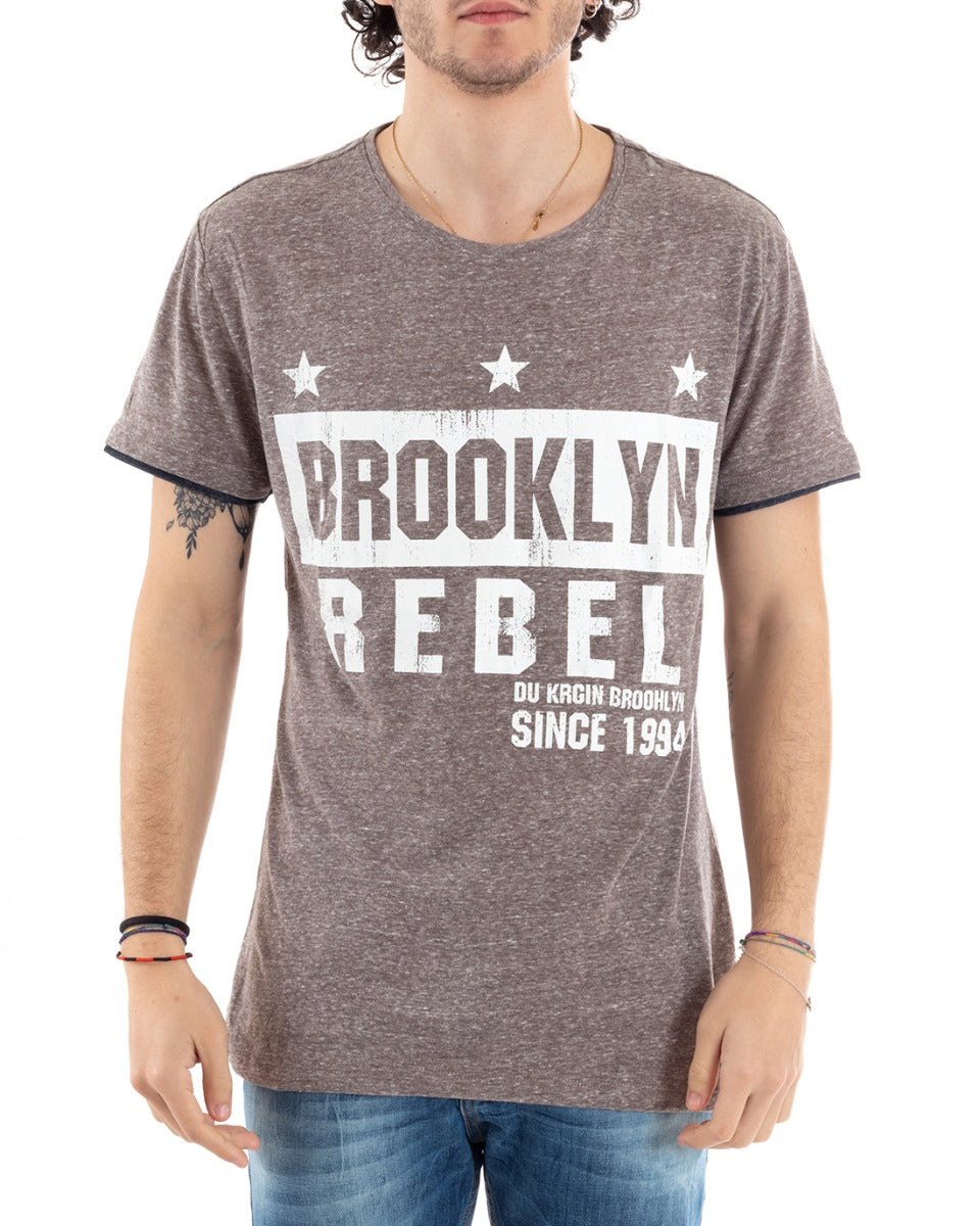 T-Shirt Uomo Mezza Manica Stampa Brooklyn Marrone Girocollo Slim GIOSAL-TS2813A