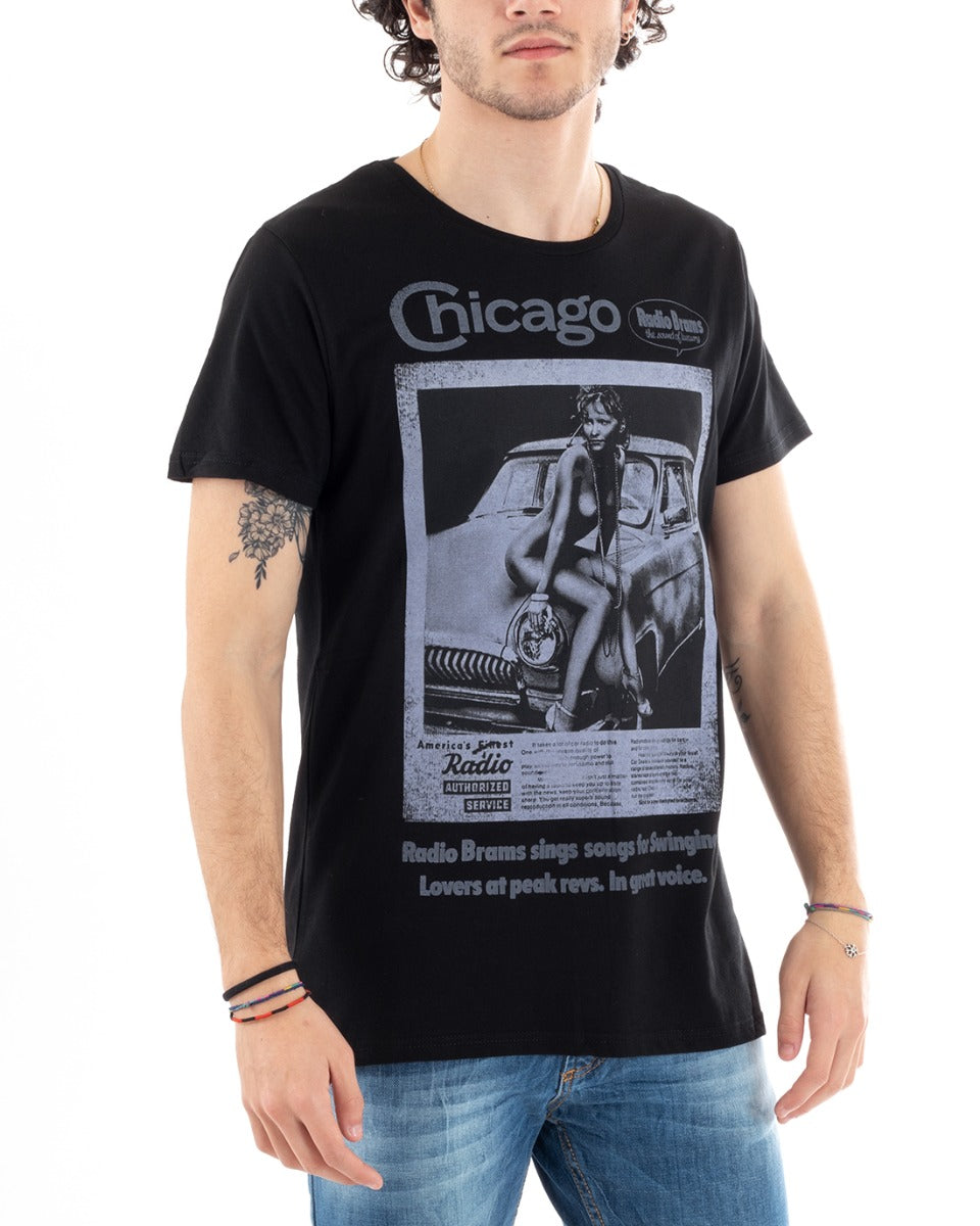 T-Shirt Uomo Mezza Manica Stampa Chicago Girocollo Nera GIOSAL-TS2825A