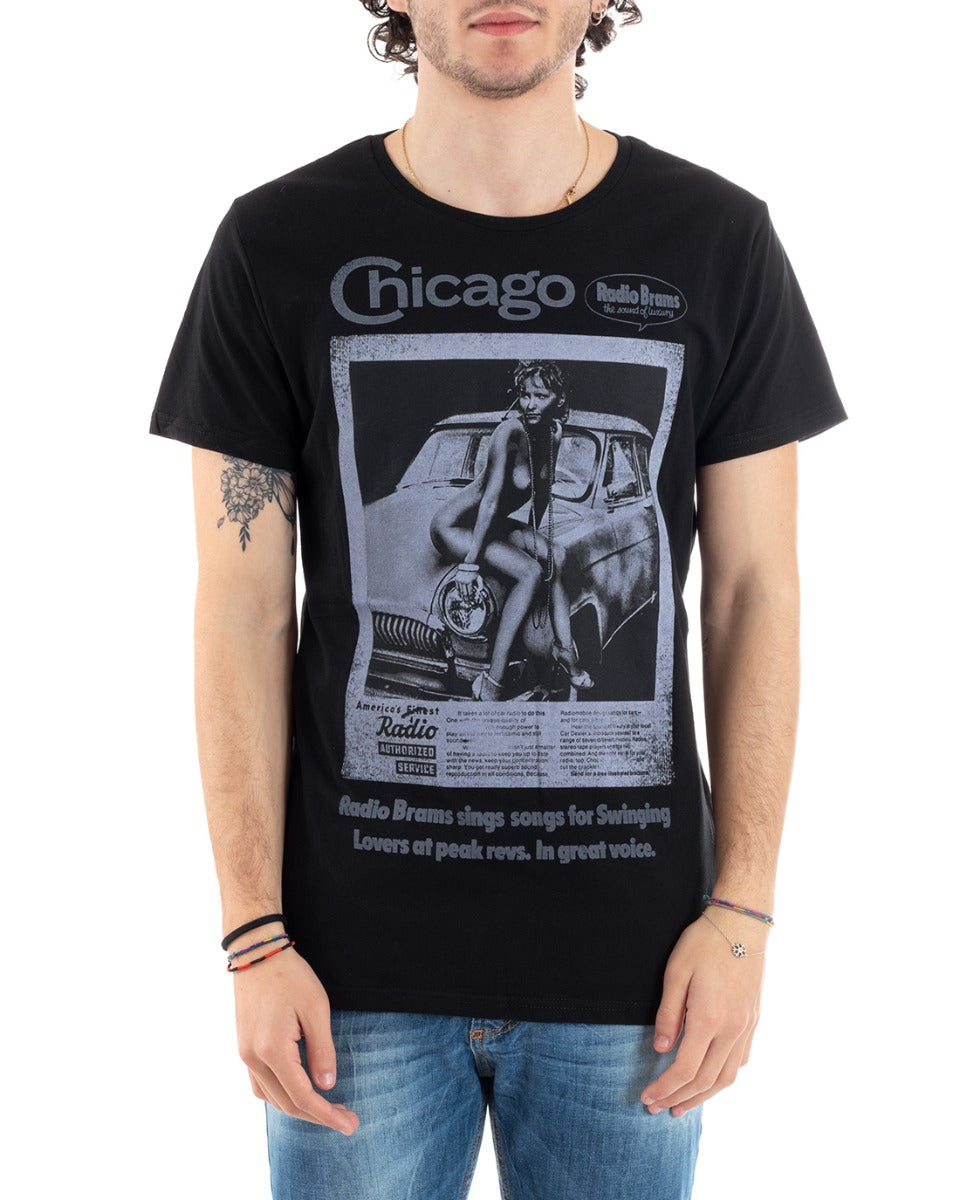 T-Shirt Uomo Mezza Manica Stampa Chicago Girocollo Nera GIOSAL-TS2825A