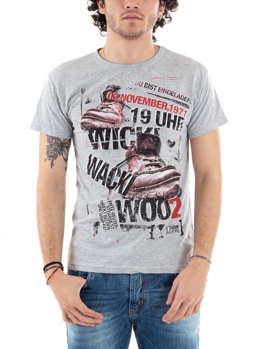 T-Shirt Uomo Mezza Manica Stampa Scarpe Scritta Girocollo Slim Grigio GIOSAL-TS2828A