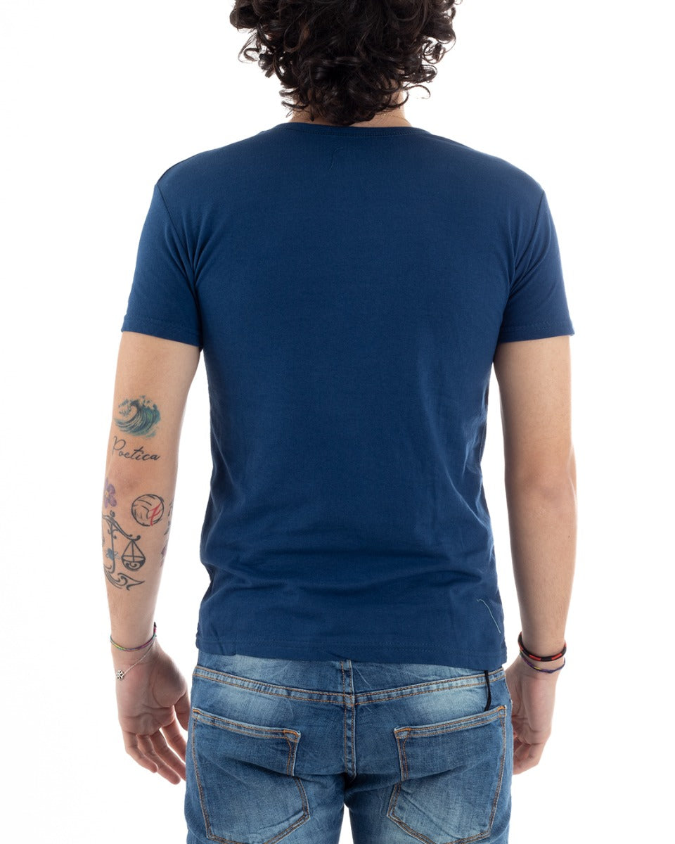 T-Shirt Uomo Mezza Manica Stampa Scarpe Scritta Girocollo Slim Blu GIOSAL-TS25829A