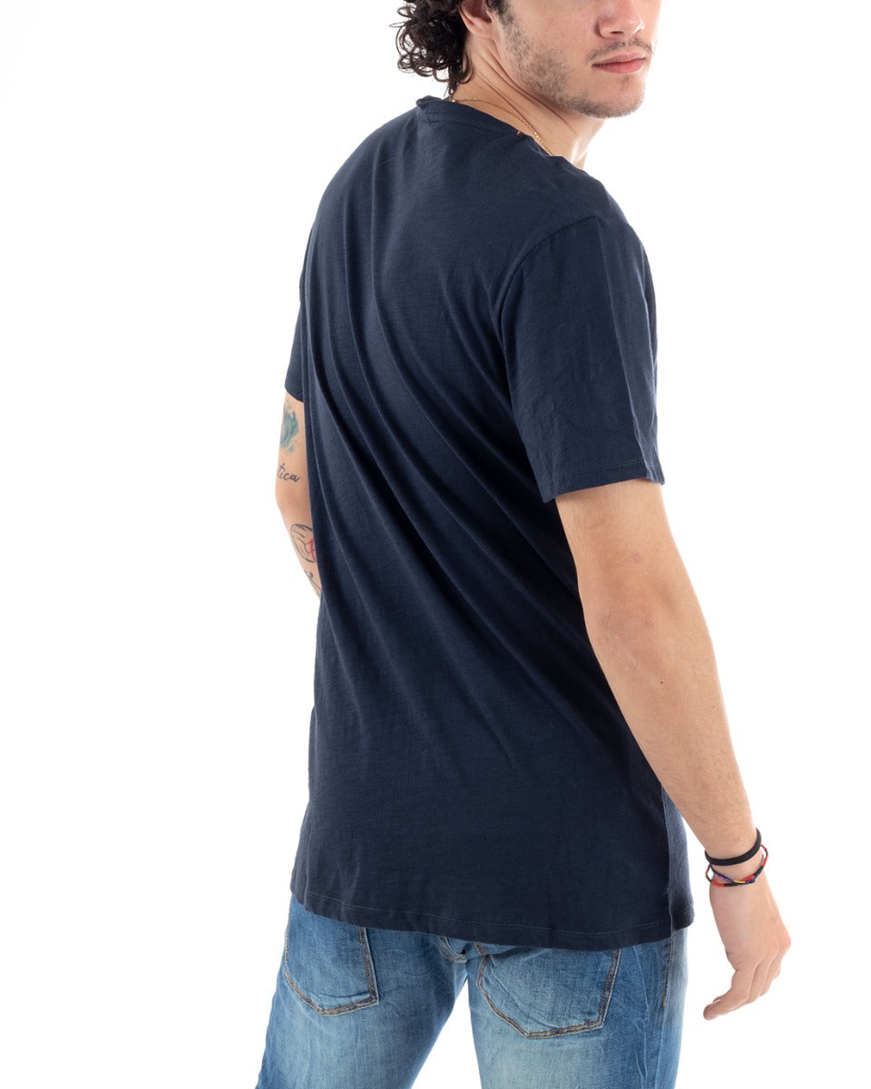 T-Shirt Uomo Mezza Manica Stampa Numeri Floreale Girocollo Slim Blu GIOSAL-TS2833A