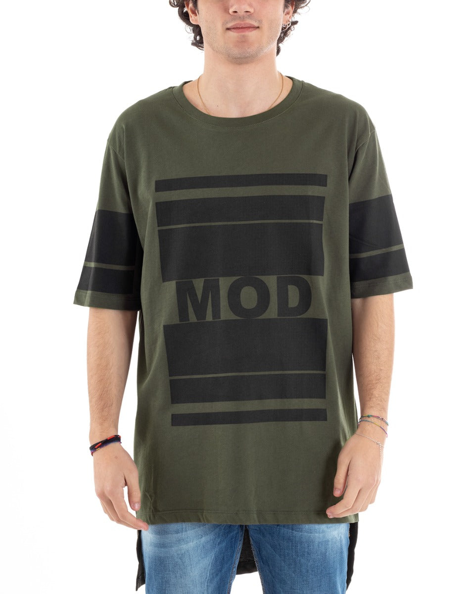 T-Shirt Uomo Manica Corta Girocollo Stampa Scritta MOD Verde Righe Casual GIOSAL-TS2856A