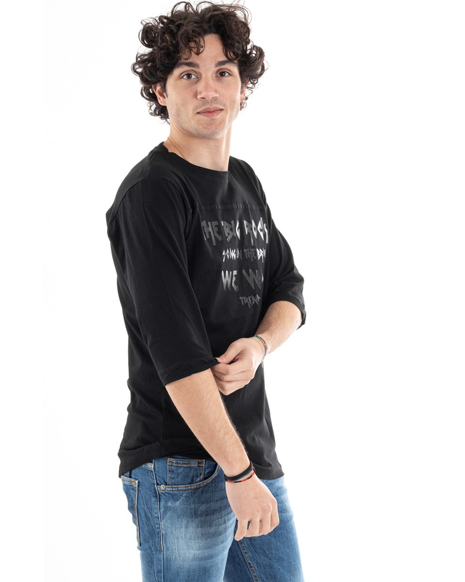 T-Shirt Uomo Girocollo Manica Corta Casual Nera Tinta Unita Scritta GIOSAL-TS2839A