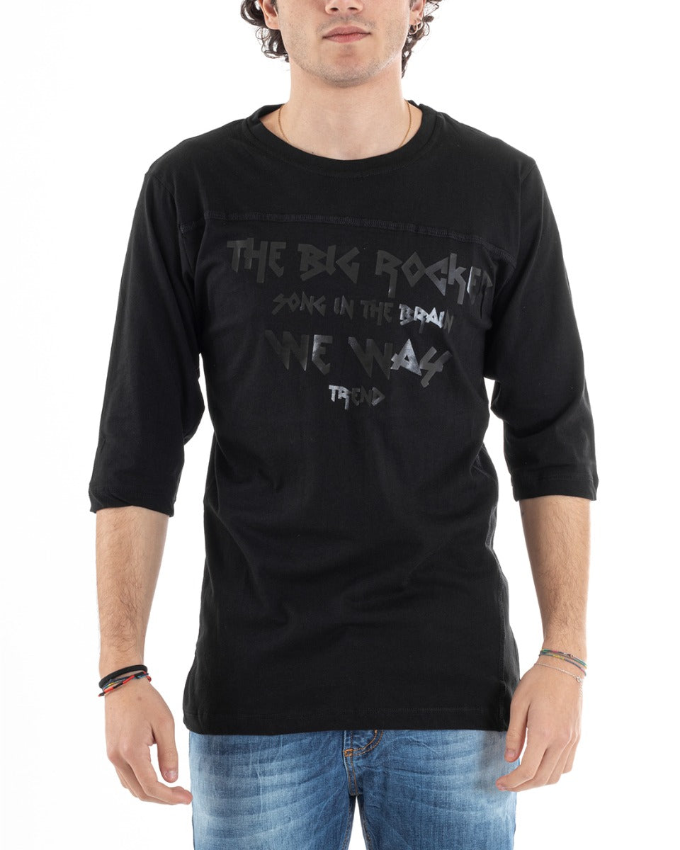 T-Shirt Uomo Girocollo Manica Corta Casual Nera Tinta Unita Scritta GIOSAL-TS2839A