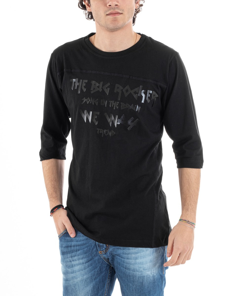 T-Shirt Uomo Girocollo Manica Corta Casual Nera Tinta Unita Scritta GIOSAL-TS2839A