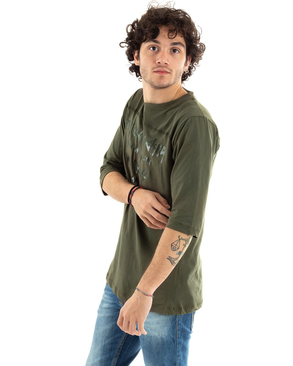 T-Shirt Uomo Girocollo Manica Corta Casual Verde Tinta Unita Scritta GIOSAL-TS2840A