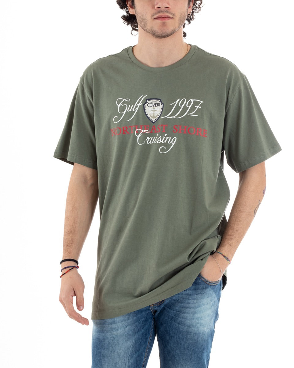 T-Shirt Uomo Verde Coveri Stampa Scritta Girocollo Mezza Manica GIOSAL