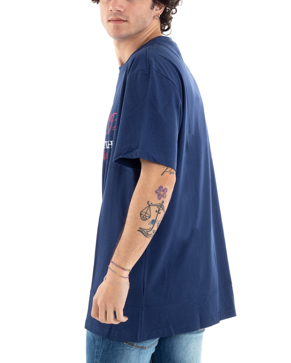 T-Shirt Uomo Blu Coveri Stampa Scritta Girocollo Mezza Manica GIOSAL-TS2851A