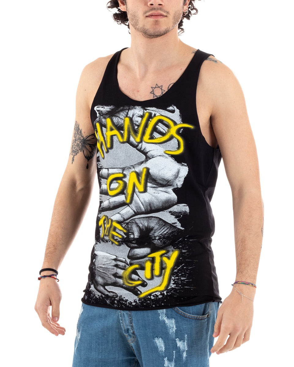 Canotta Uomo Canottiera Stampa Girocollo Giromanica Nera GIOSAL-CN1068A