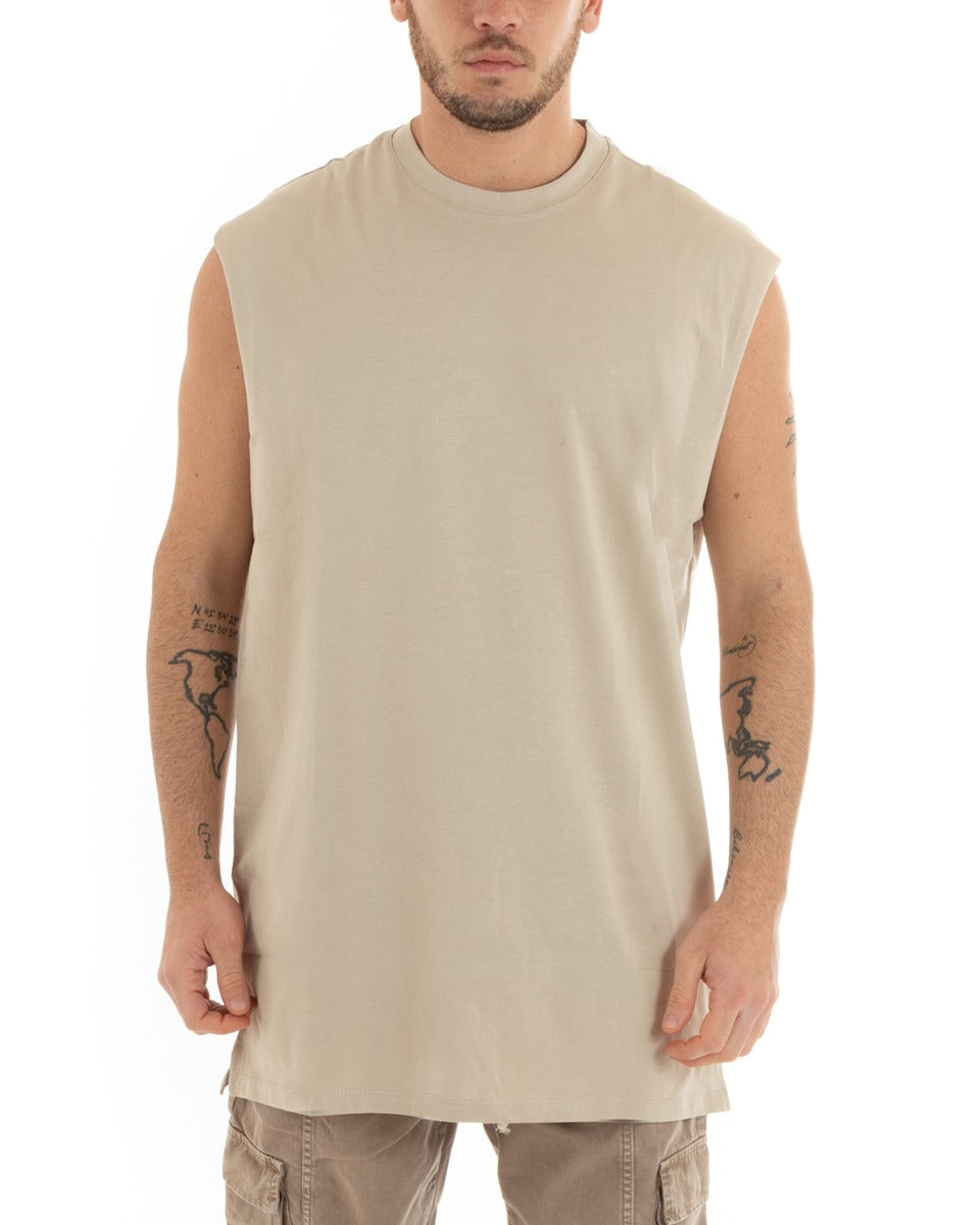 Canotta Uomo Basic Giromanica Lunga Casual Tinta Unita Beige Girocollo GIOSAL-CN1078A