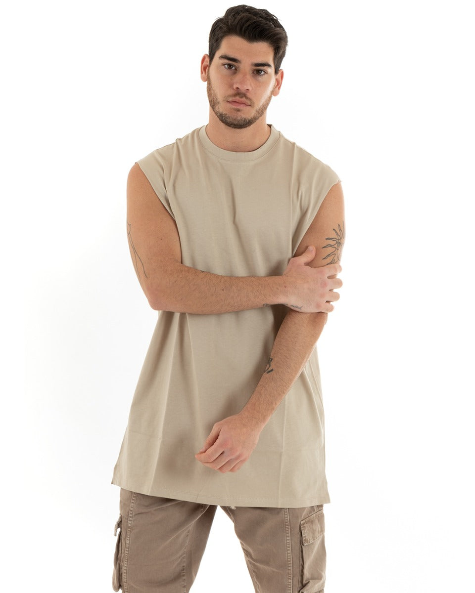 Canotta Uomo Basic Giromanica Lunga Casual Tinta Unita Beige Girocollo GIOSAL-CN1078A