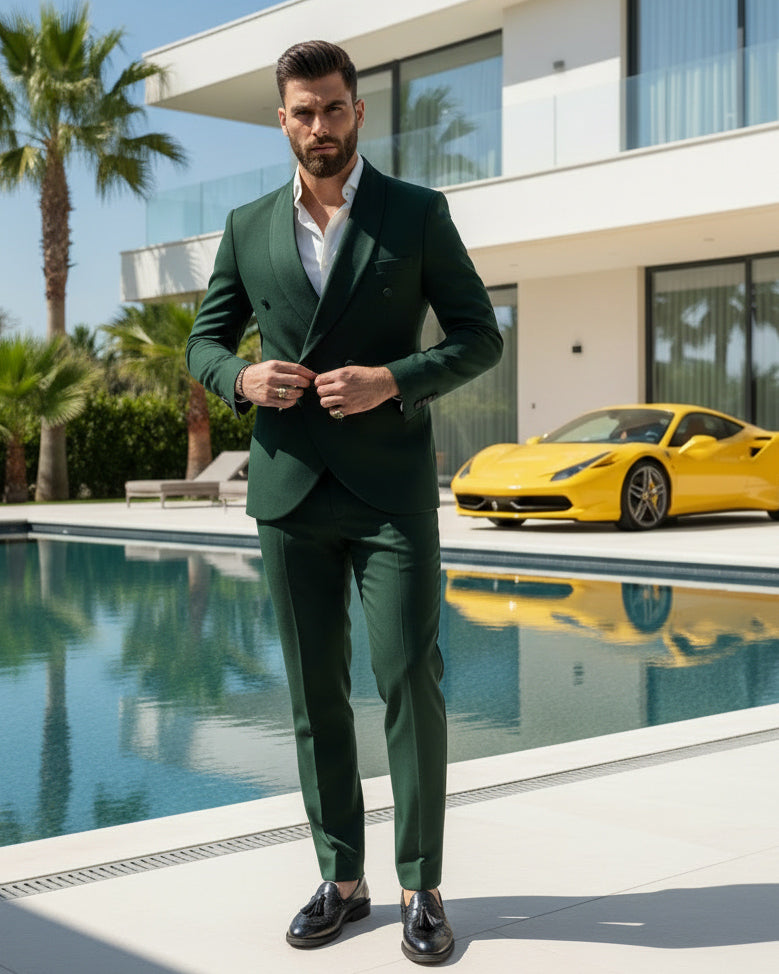 Abito Uomo Doppiopetto Quattro Bottoni Vestito Completo Smoking Rever Sciallato Raso Verde AE1111A