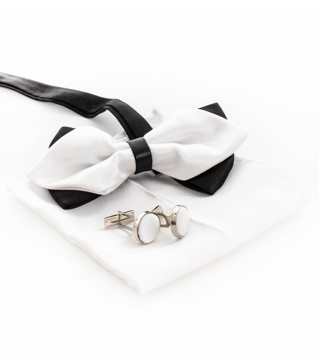 Set Papillon Gemelli Pochette Uomo Unisex Doppio Fiocco Bianco Nero Elegante Elegante Cerimonia GIOSAL-CP1080A