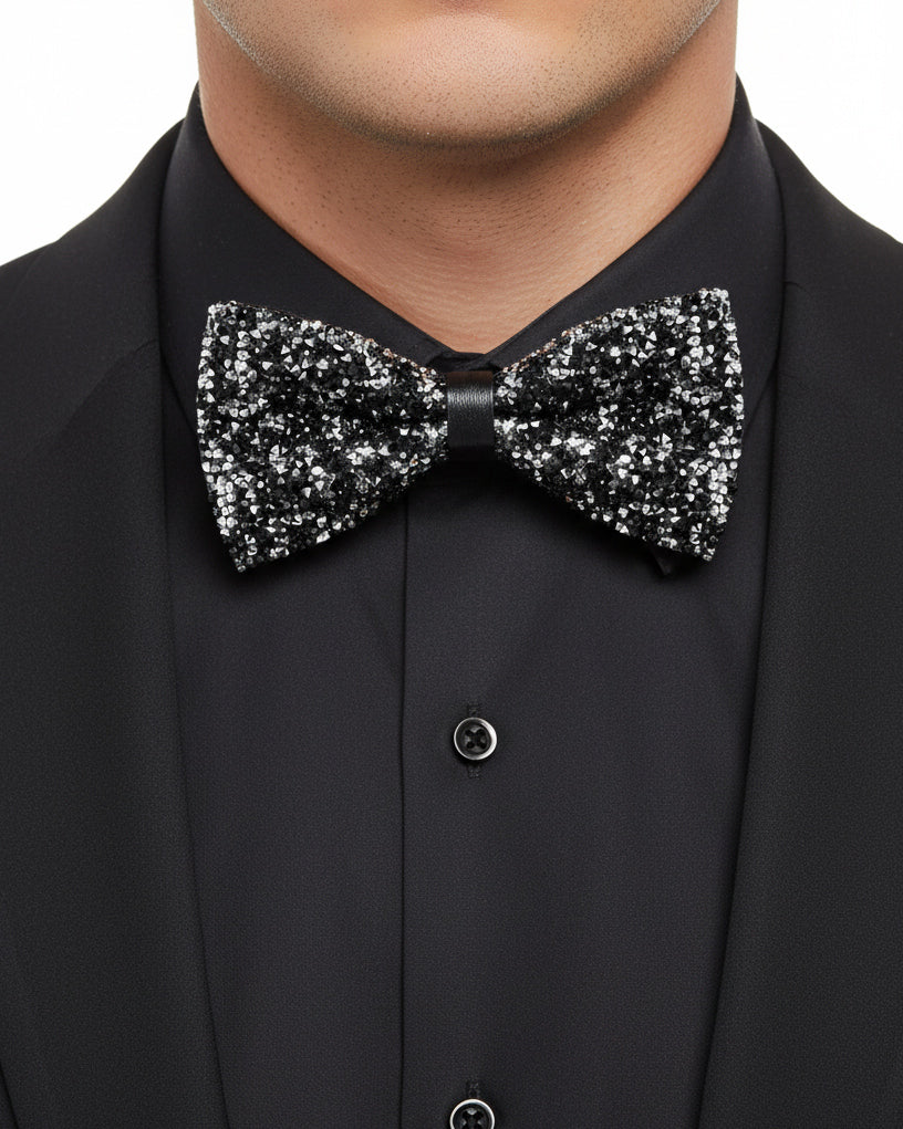 Papillon uomo unisex brillantinato cravattino elegante cerimonia nero argento GIOSAL-CP1169A