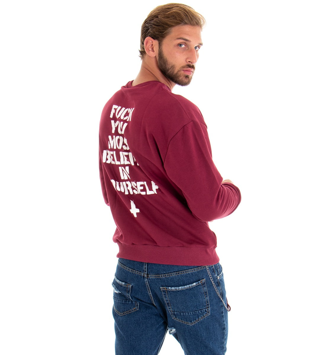 Felpa Uomo Girocollo Maglia Bordeaux Con Stampa Regular Fit GIOSAL-F2661A