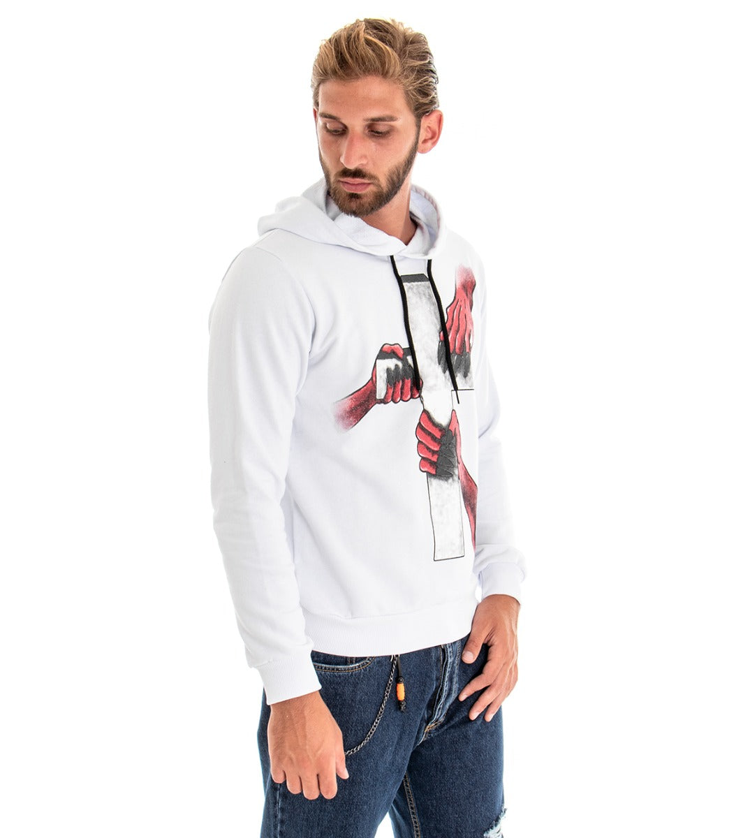 Felpa Uomo Con Cappuccio Bianco Maglia Con Stampa Croce Regular Fit GIOSAL-F2666A