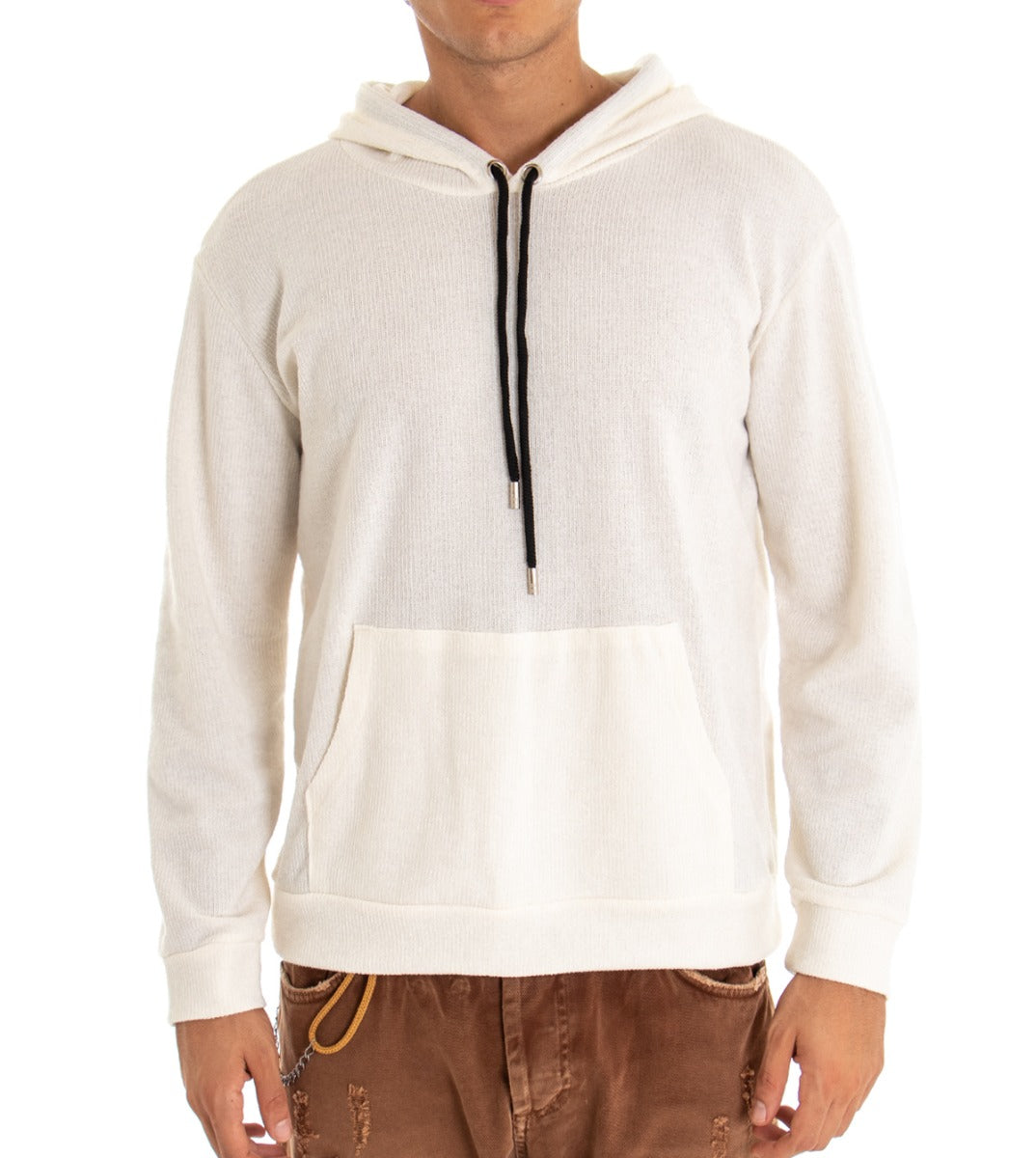 Felpa Uomo Con Cappuccio Maglia Velluto Costine Tinta Unita Bianco Regular Fit GIOSAL-F2670A