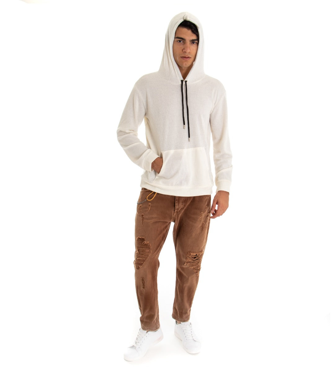 Felpa Uomo Con Cappuccio Maglia Velluto Costine Tinta Unita Bianco Regular Fit GIOSAL-F2670A