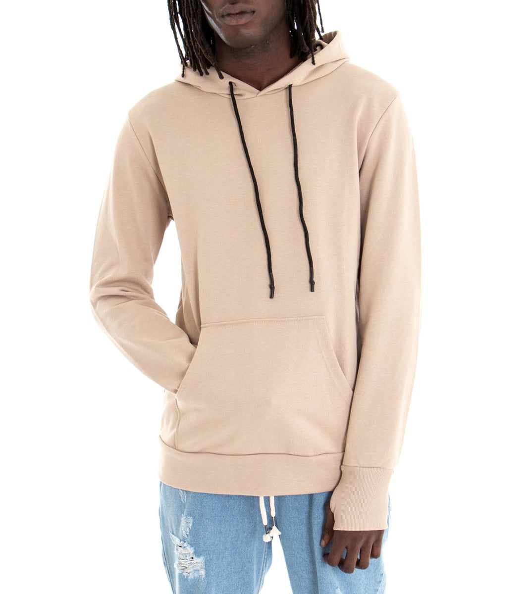 Felpa Uomo Con Cappuccio Maglia Manica A Guanto Tinta Unita Beige Regular Fit GIOSAL-F2697A