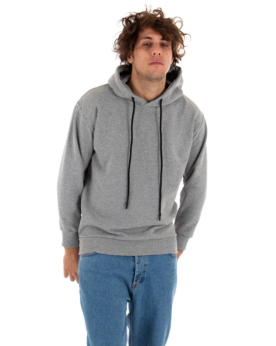 Felpa Con Cappuccio Uomo Basic Tinta Unita Grigio Comoda Relaxed Fit Garzata Leggera GIOSAL-F2867A