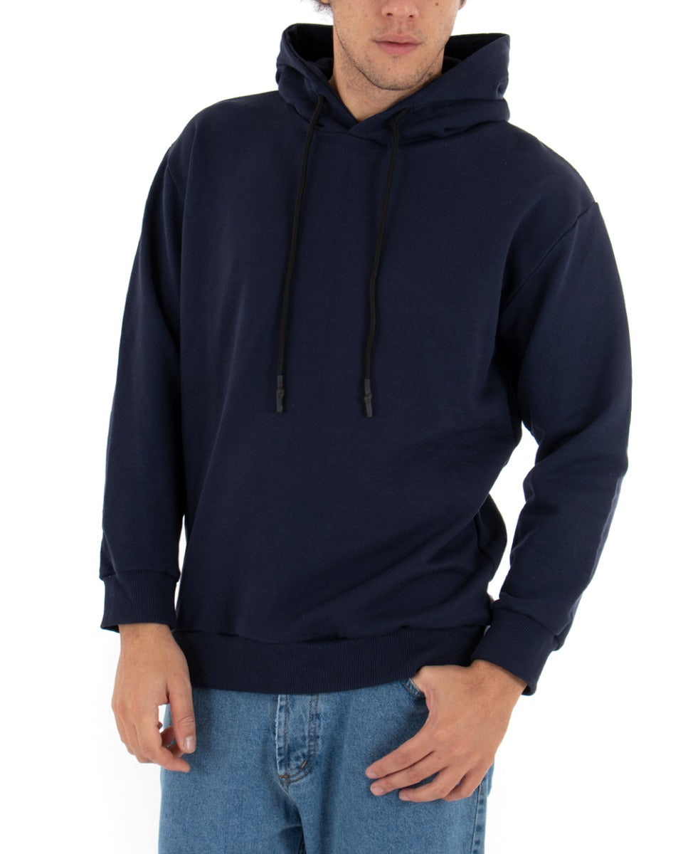 Felpa Con Cappuccio Uomo Basic Tinta Unita Blu Comoda Relaxed Fit Garz