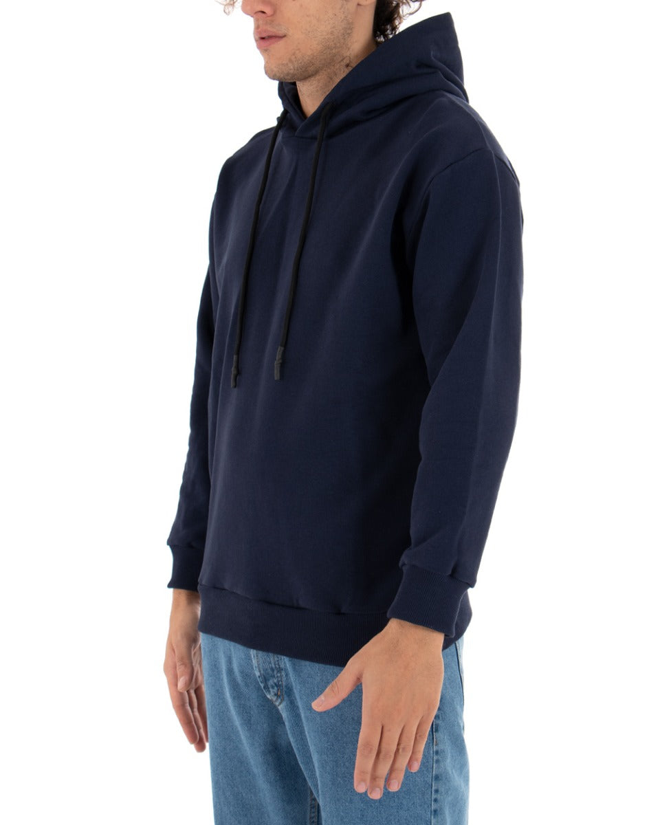 Felpa Con Cappuccio Uomo Basic Tinta Unita Blu Comoda Relaxed Fit Garzata Leggera GIOSAL-F2868A