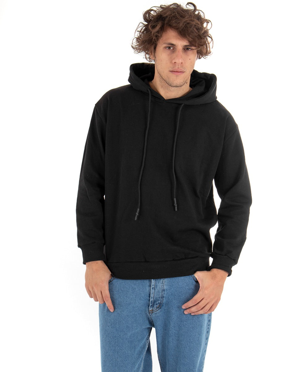 Felpa Con Cappuccio Uomo Basic Tinta Unita Nero Comoda Relaxed Fit Garzata Leggera GIOSAL-F2872A