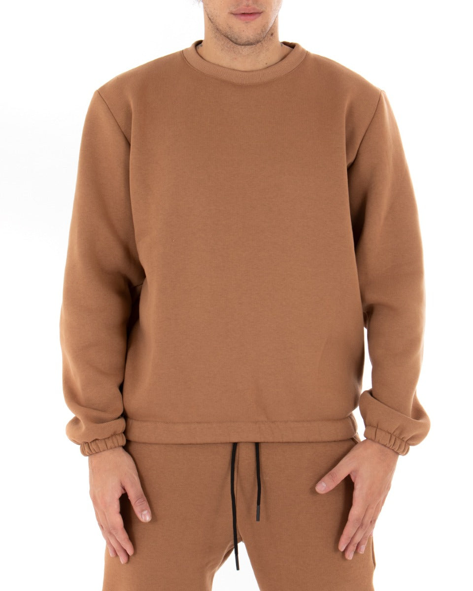 Felpa Uomo Girocollo Maglia Felpata Basic Tinta Unita Camel Regular Fit GIOSAL-F2876A