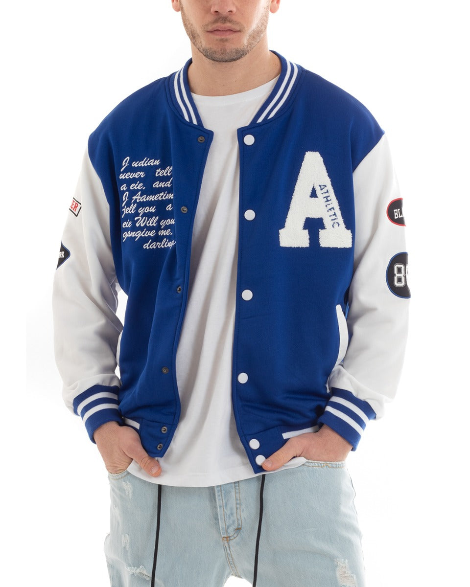 Felpa Uomo Giubbotto Girocollo Varsity College Stampa Con Patch Blu Ro