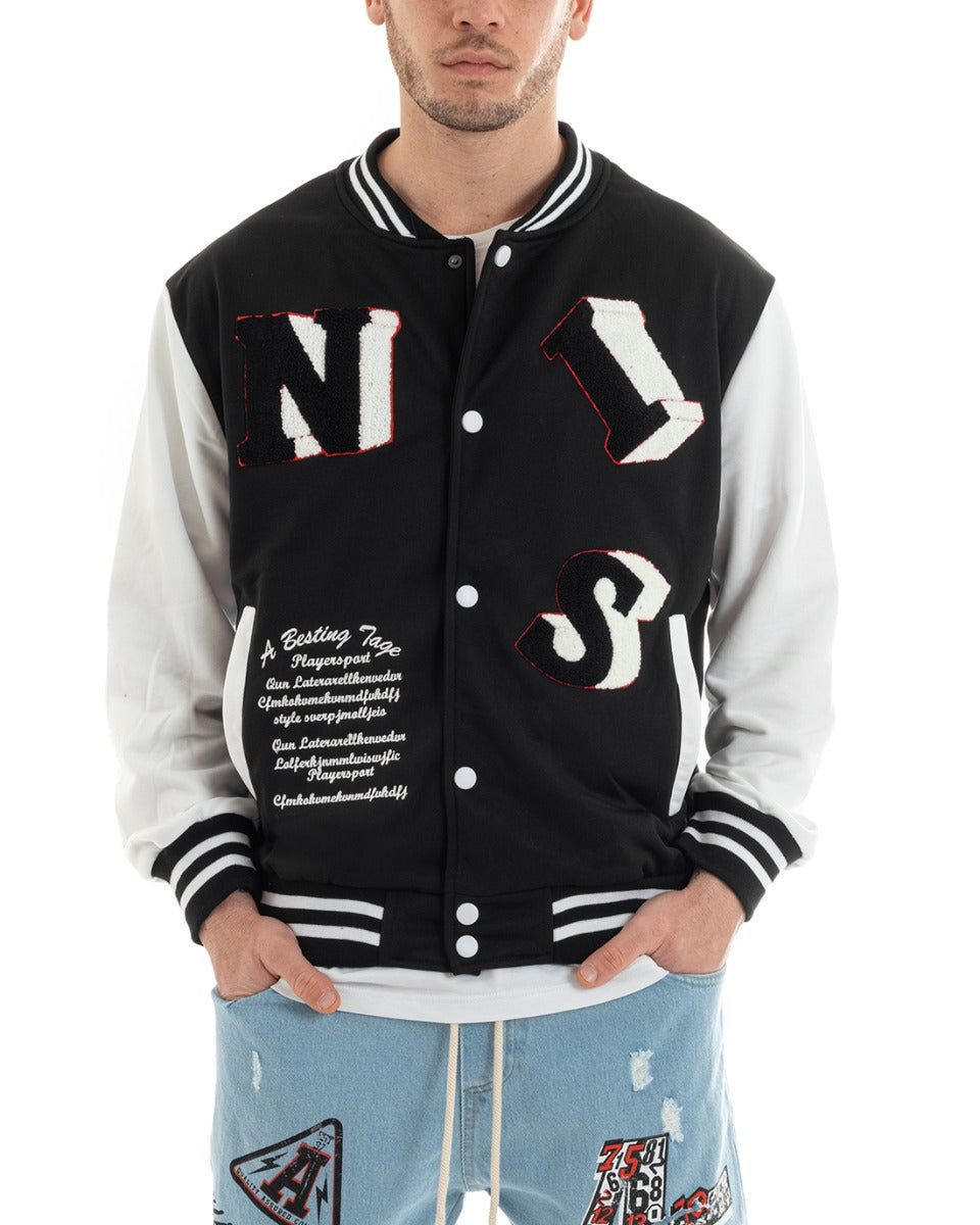 Felpa Uomo Giubbotto College Varsity Stampa Con Patch Giaccone Caldo Bicolore Casual Nero GIOSAL-F2973A