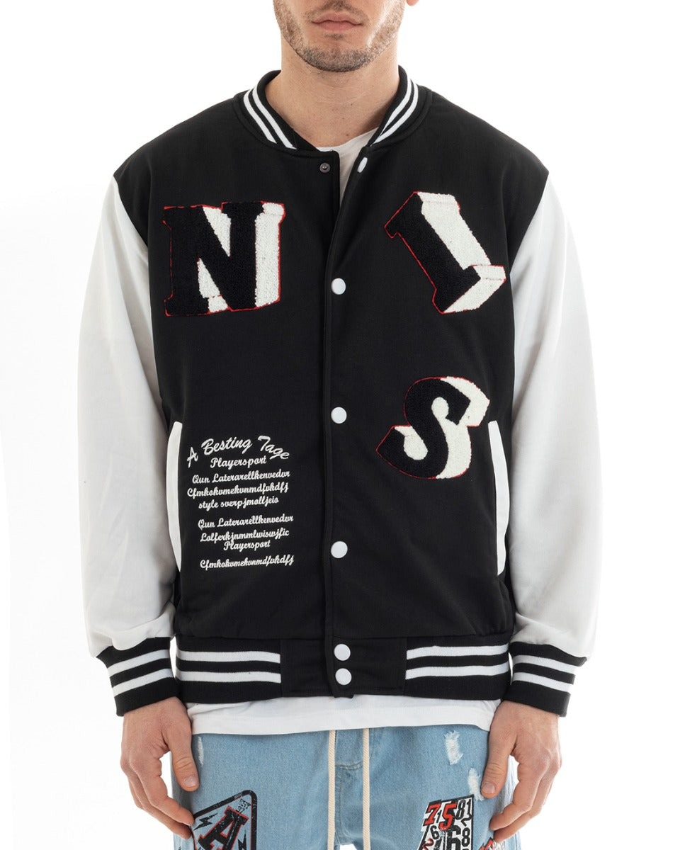 Felpa Uomo Giubbotto College Varsity Stampa Con Patch Giaccone Caldo Bicolore Casual Nero GIOSAL-F2973A