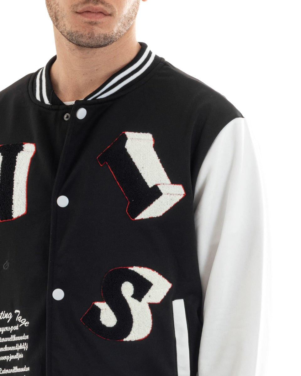Felpa Uomo Giubbotto College Varsity Stampa Con Patch Giaccone Caldo Bicolore Casual Nero GIOSAL-F2973A