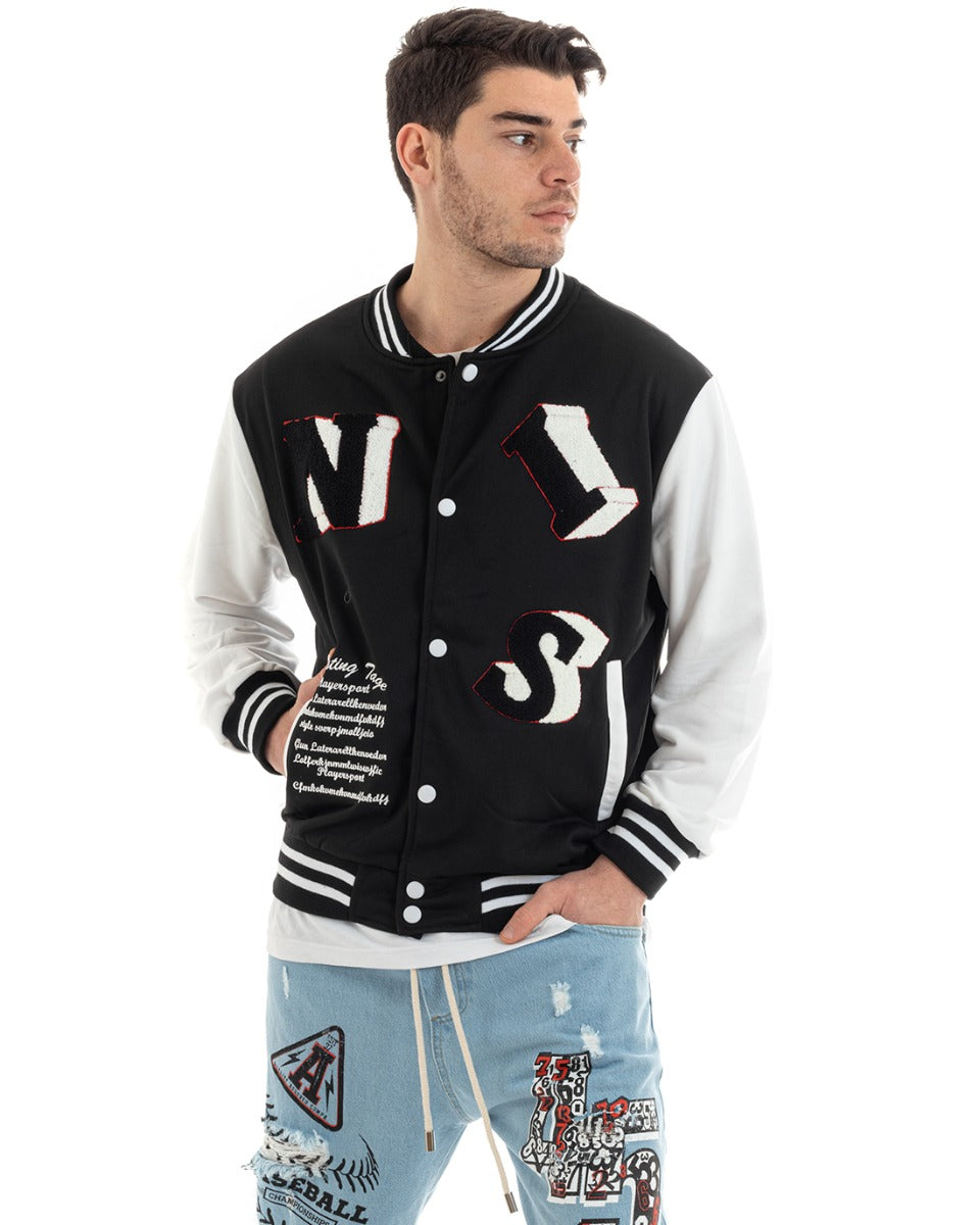 Felpa Uomo Giubbotto College Varsity Stampa Con Patch Giaccone Caldo Bicolore Casual Nero GIOSAL-F2973A