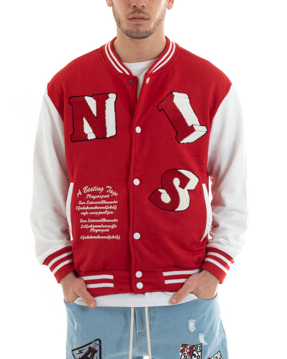 Felpa Uomo Giubbotto College Varsity Stampa Con Patch Giaccone Caldo Bicolore Casual Rosso GIOSAL-F2974A