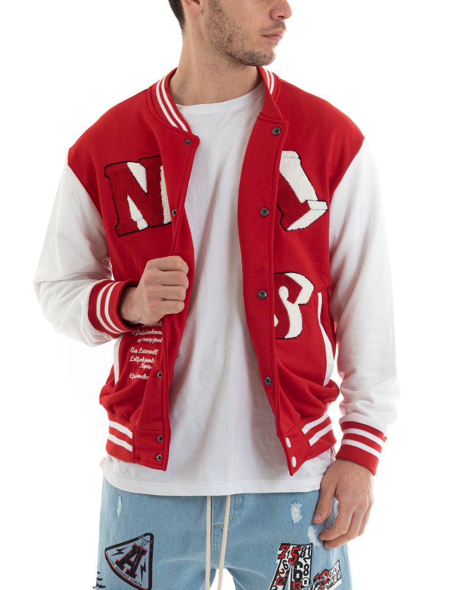 Felpa Uomo Giubbotto College Varsity Stampa Con Patch Giaccone Caldo Bicolore Casual Rosso GIOSAL-F2974A
