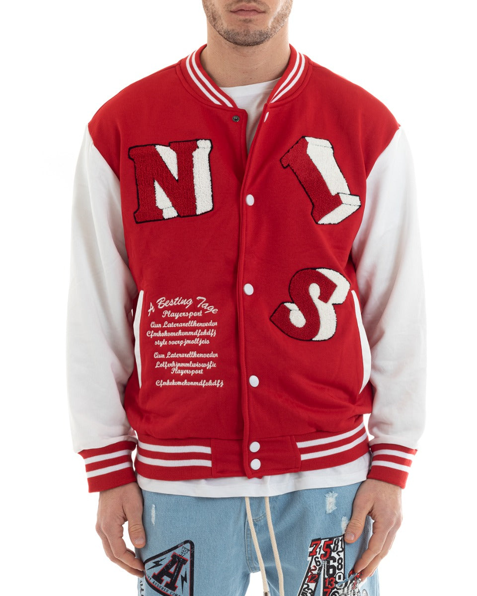 Felpa Uomo Giubbotto College Varsity Stampa Con Patch Giaccone Caldo Bicolore Casual Rosso GIOSAL-F2974A